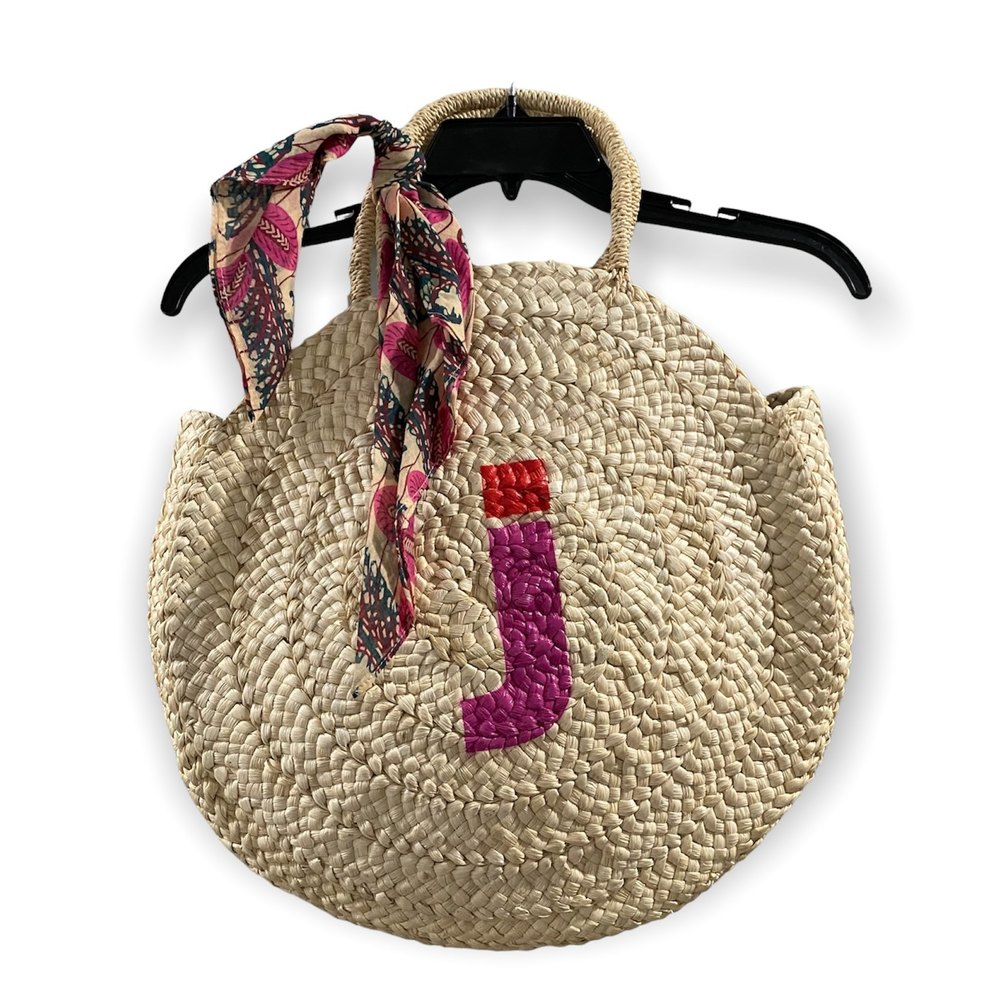 Anthropologie Round Woven Straw Shoulder Bag with Pink Initial and Red Accent